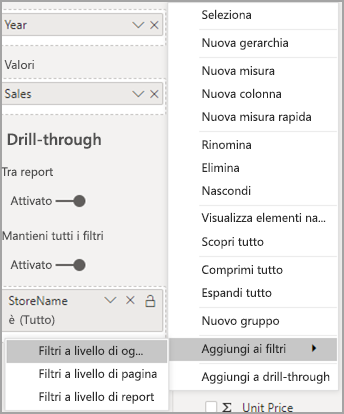 Screenshot del menu delle opzioni, che evidenzia Aggiungi ai filtri e Filtri a livello di oggetto visivo.