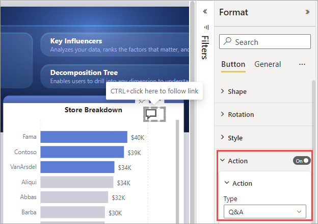 Screenshot che mostra un pulsante D&R in Power BI.