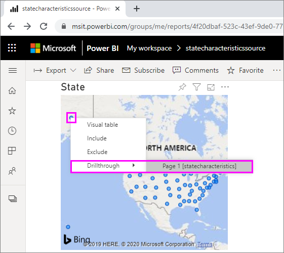 Screenshot che mostra l'opzione di drill-through tra report di Power BI.