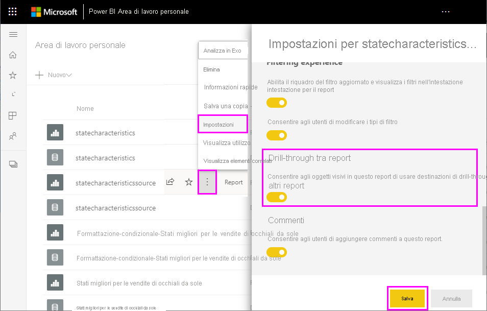 Screenshot che mostra l'abilitazione del drill-through tra report del servizio Power BI.