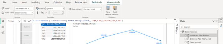 Screenshot della formula dinamica Stringhe formato valuta paese.