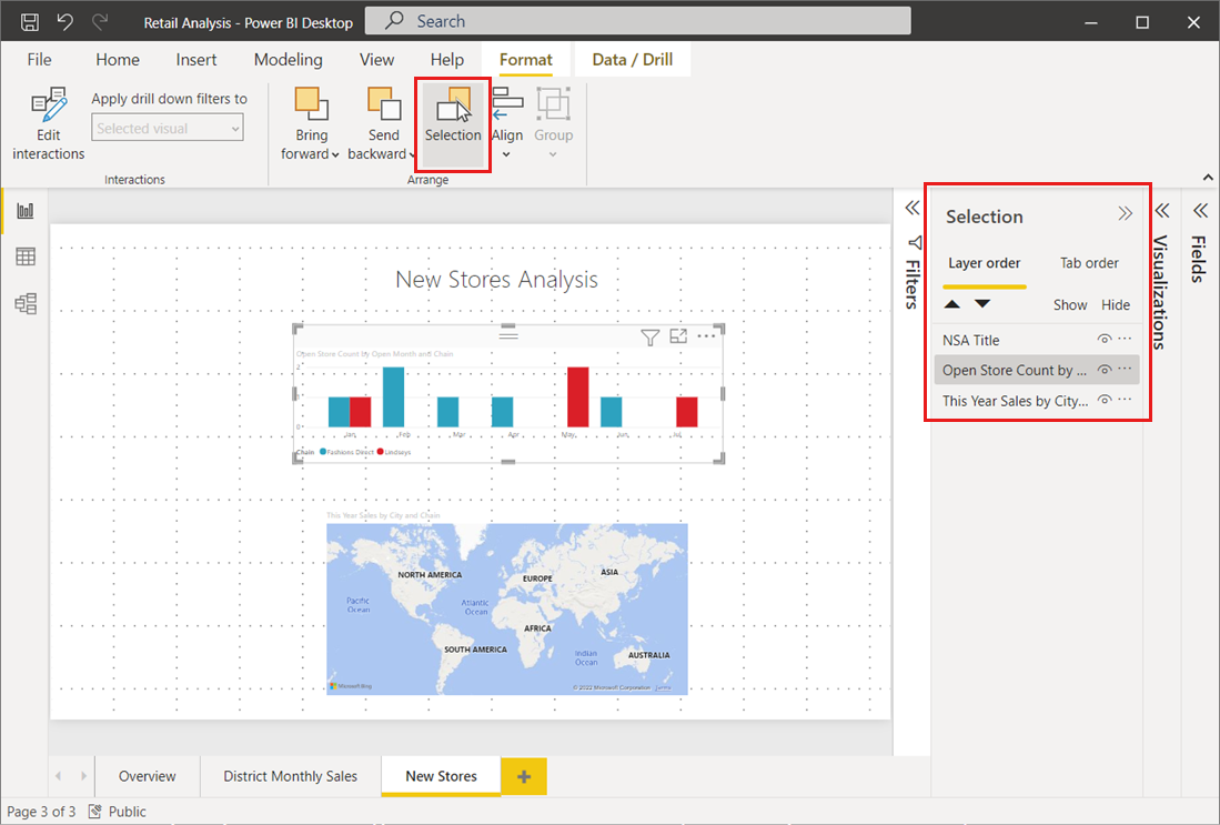 Screenshot dell'area di disegno di Power BI Desktop, che mostra il riquadro Selezione, che imposta l'ordine degli oggetti visivi front-to-back.