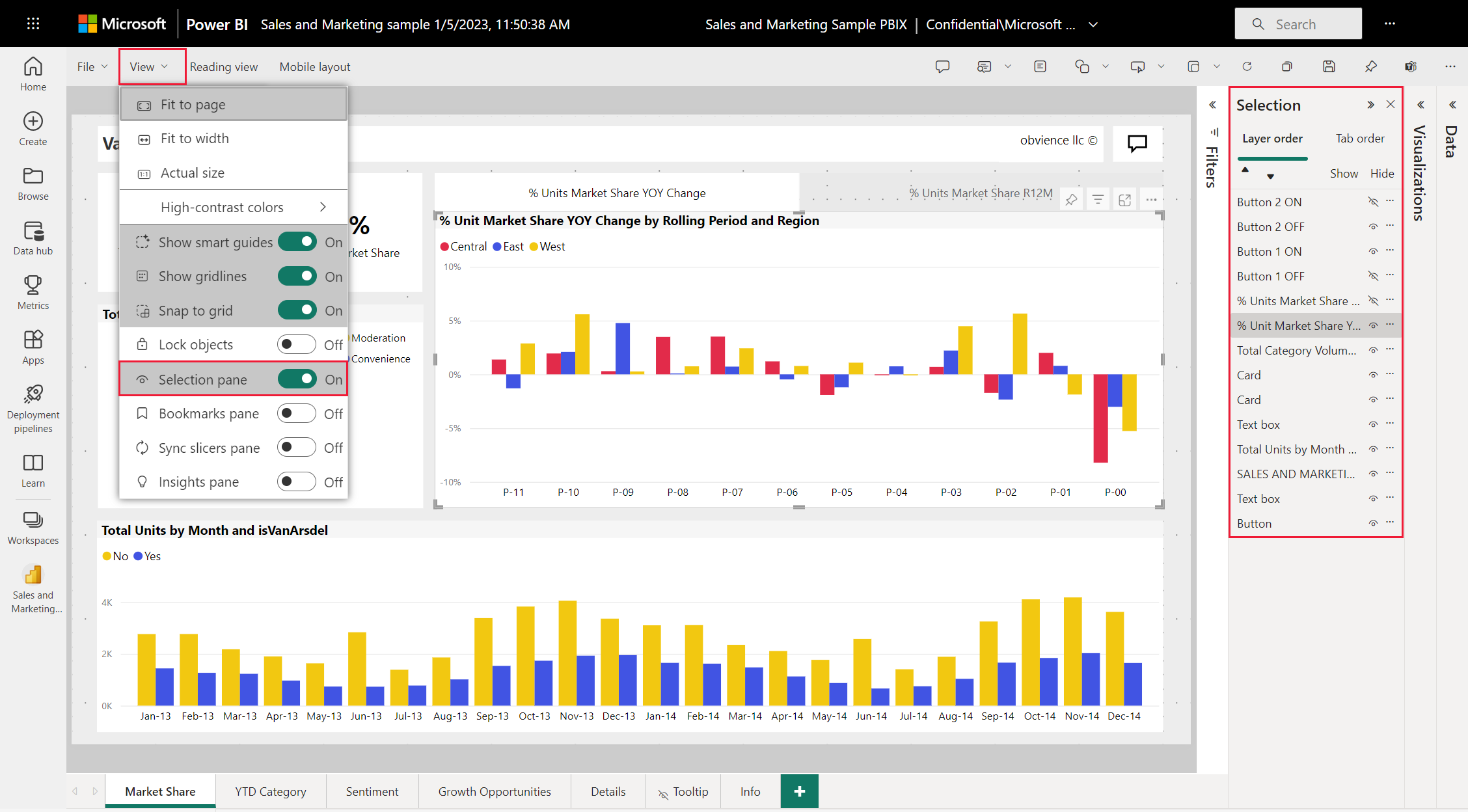 Screenshot dell'area di disegno del servizio Power BI, che mostra il riquadro Selezione, che imposta l'ordine degli oggetti visivi front-to-back.