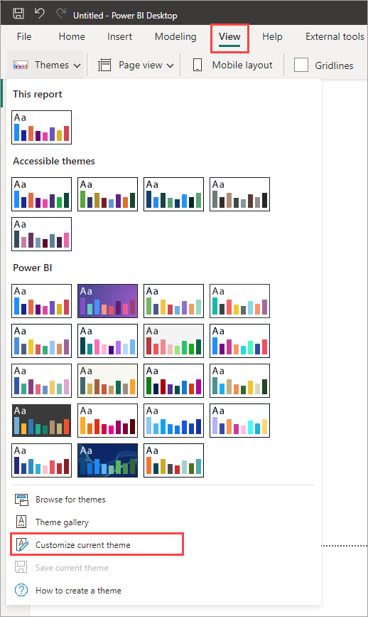 Screenshot del menu a discesa Temi di Power BI, con Personalizza tema corrente evidenziato.