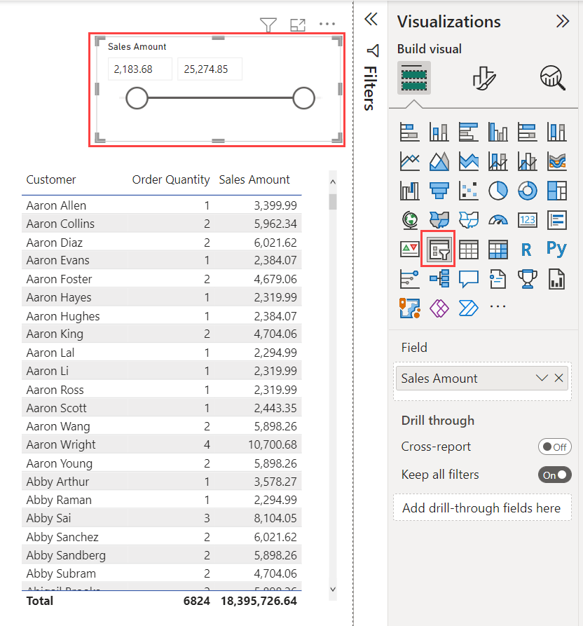 Screenshot di una visualizzazione in cui è evidenziato un filtro dei dati per un intervallo numerico.