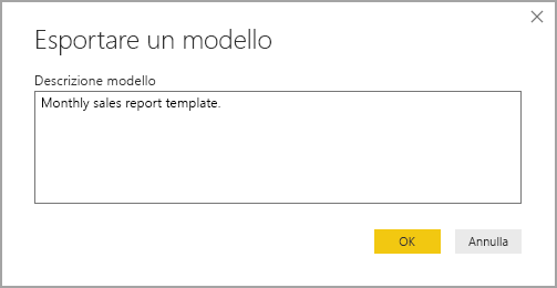 Screenshot della finestra di dialogo con la descrizione del modello da esportare.