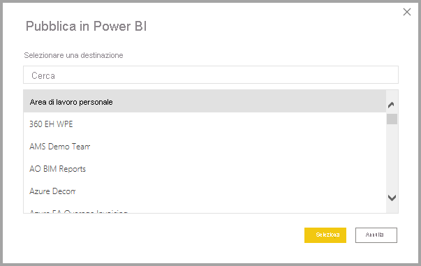 Screenshot della finestra di dialogo Pubblica in Power BI.