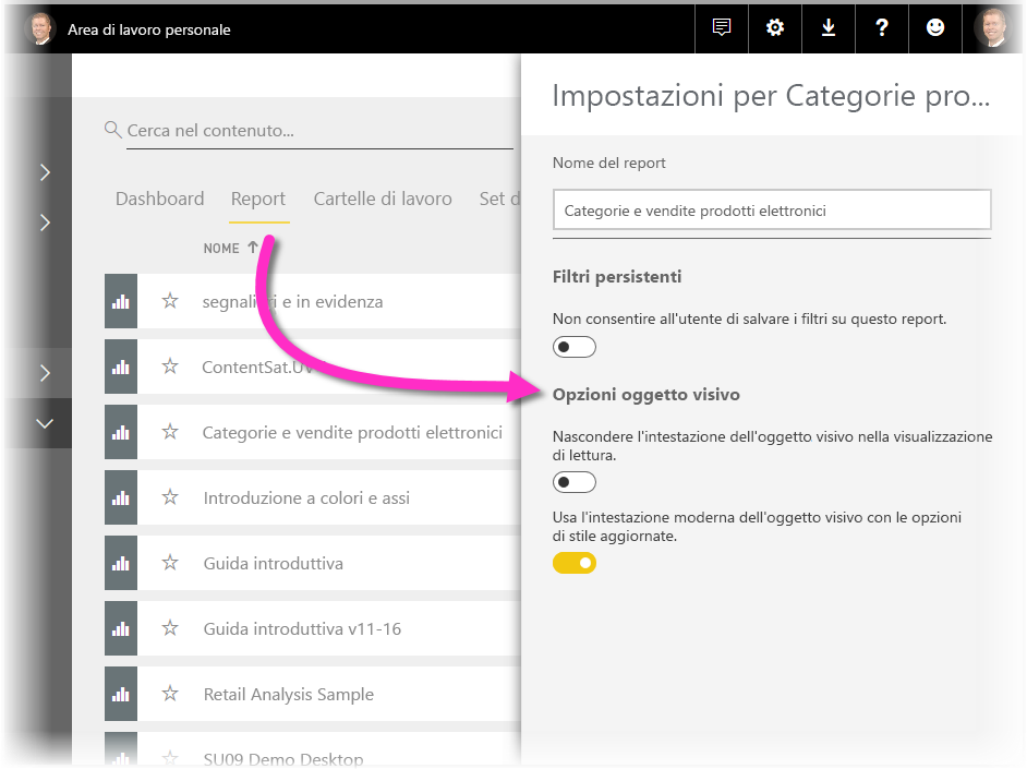 Screenshot delle impostazioni per un report nel servizio Power BI.