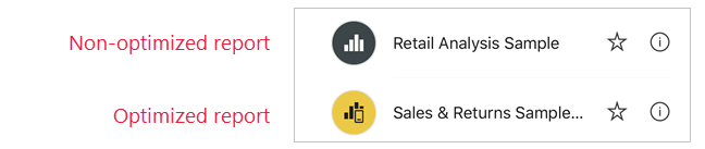 Screenshot che mostra l'icona del report ottimizzato nelle app Power BI per dispositivi mobili.