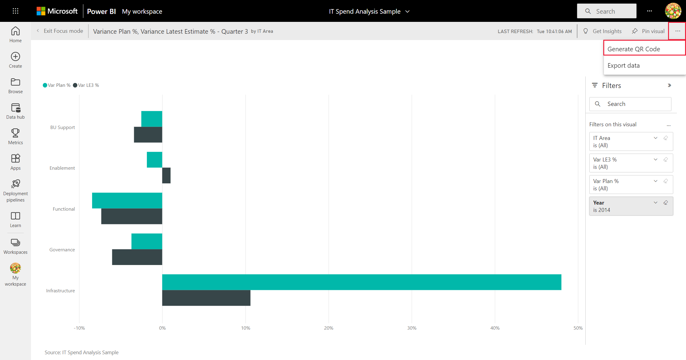 Screenshot che mostra un menu File del dashboard, con l'evidenziazione di Genera codice a matrice.