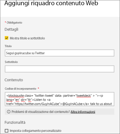 Finestra Aggiungi riquadro contenuto Web