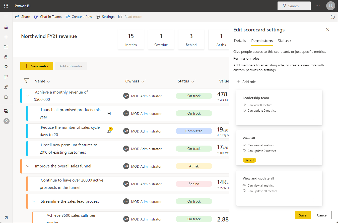 Screenshot dell'apertura delle autorizzazioni a livello di metrica accedendo alle impostazioni della scorecard e selezionando le autorizzazioni.