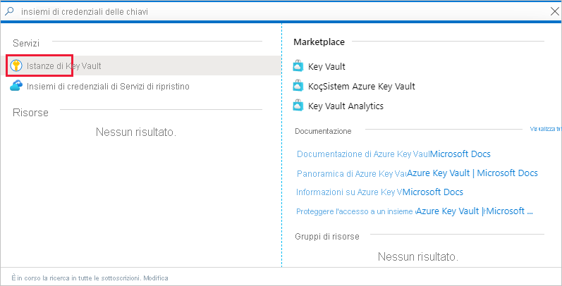 Screenshot della finestra del portale di Azure, che mostra un collegamento al servizio dell'insieme di credenziali delle chiavi nell'elenco Servizi.