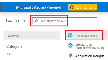 Screenshot del portale di Azure con Registrazioni app nella casella di ricerca. Tale casella e l'icona Registrazioni app sono evidenziate.