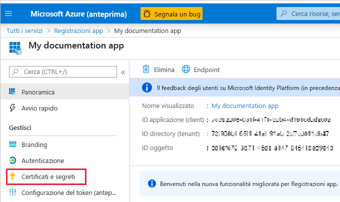 Screenshot della pagina Panoramica della nuova app. Nel riquadro di spostamento è evidenziato Certificati e segreti.