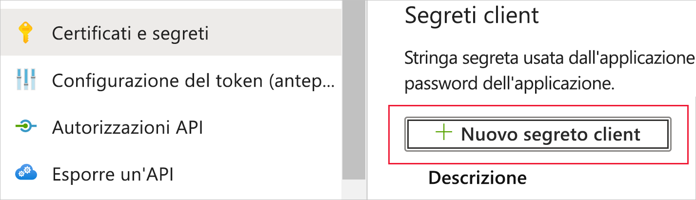 Screenshot che mostra parte della pagina Certificati e segreti per l'app. In Segreti client il pulsante Nuovo segreto client è evidenziato.