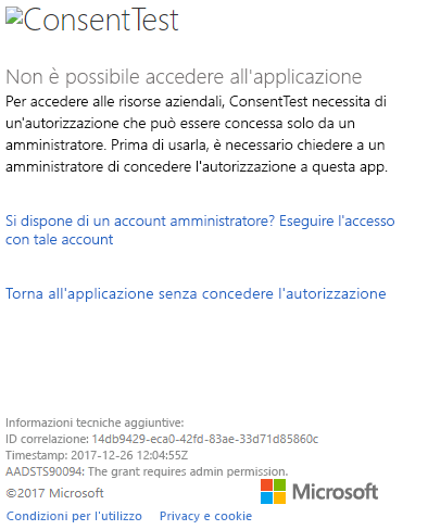 Screenshot della finestra di accesso del portale di Azure, che mostra l'errore di autorizzazione Consent Test.