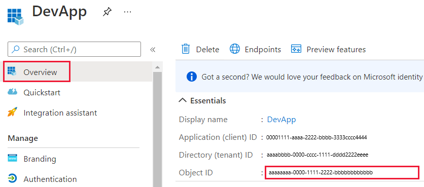 Screenshot della finestra del portale di Azure, che mostra l'ID oggetto nel pannello Panoramica di un'applicazione Microsoft Entra.