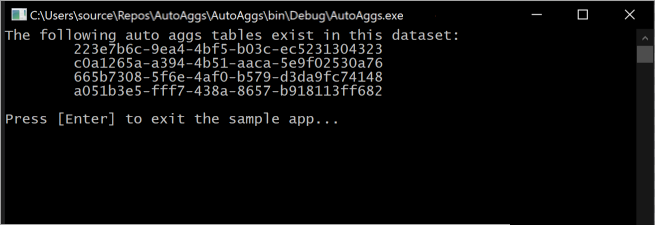 Screenshot dell'output del frammento di codice che mostra le tabelle delle aggregazioni automatiche esistenti nel modello.