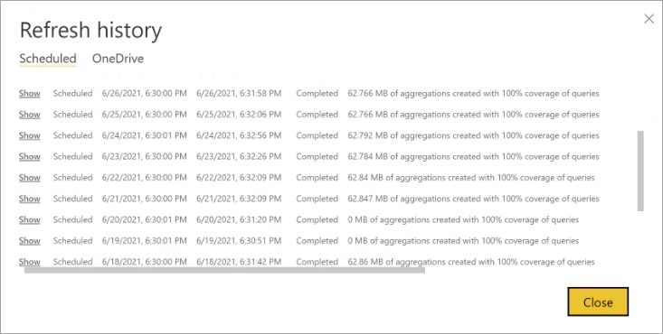 Screenshot della finestra Cronologia aggiornamenti che mostra i dettagli della cronologia pianificata.