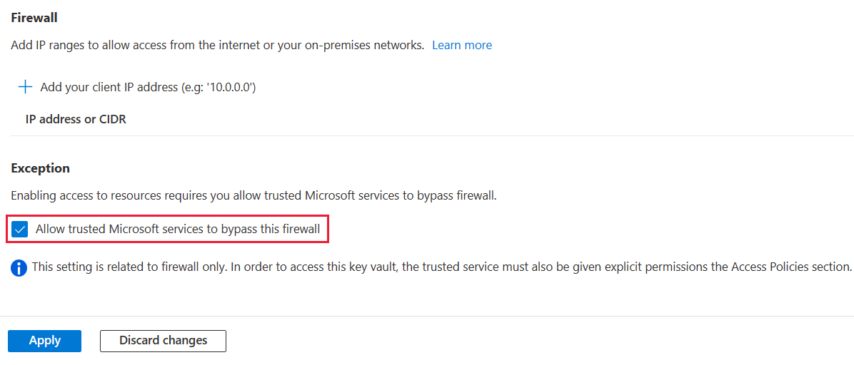 Screenshot dell'opzione per consentire ai servizi Microsoft attendibili di ignorare questo firewall.