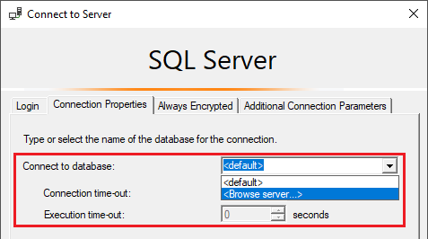 Screenshot che mostra la finestra di dialogo di connessione al server di SQL Server Profiler. La sezione di connessione al database è evidenziata.