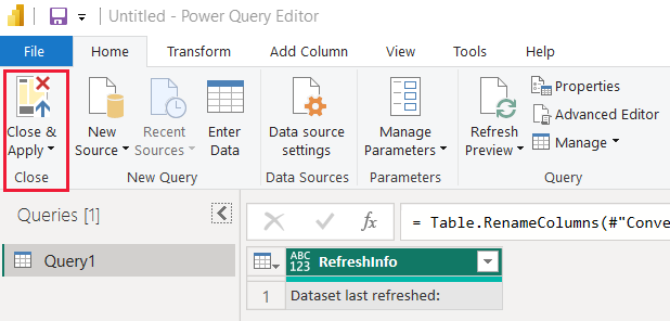 Screenshot che mostra il pulsante Chiudi e applica nell'editor di Power Query in Power BI Desktop.