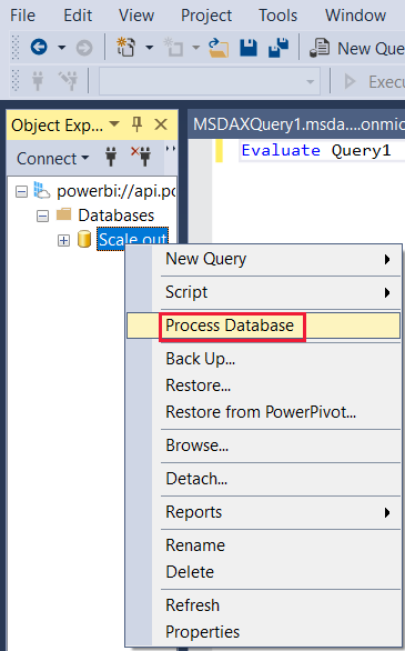 Screenshot che mostra l'opzione di elaborazione del database evidenziata in SQL Server Management Studio.