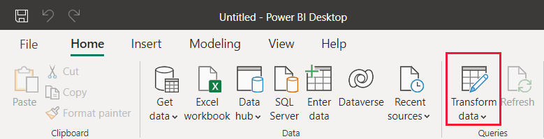 Screenshot con evidenziato il pulsante di trasformazione dati in Power BI Desktop.