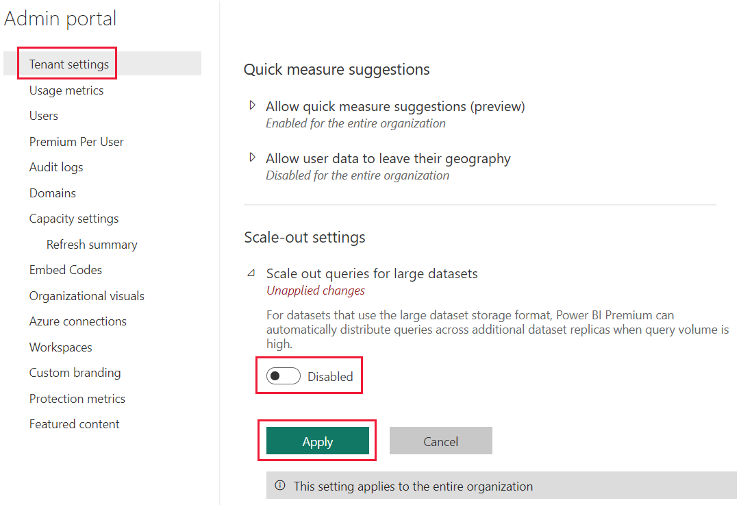 Screenshot che mostra come disabilitare le impostazioni del tenant di scalabilità orizzontale nel portale di amministrazione di Power BI.