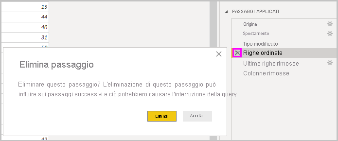 Screenshot di Power BI Desktop che mostra la finestra di dialogo Elimina passaggio.