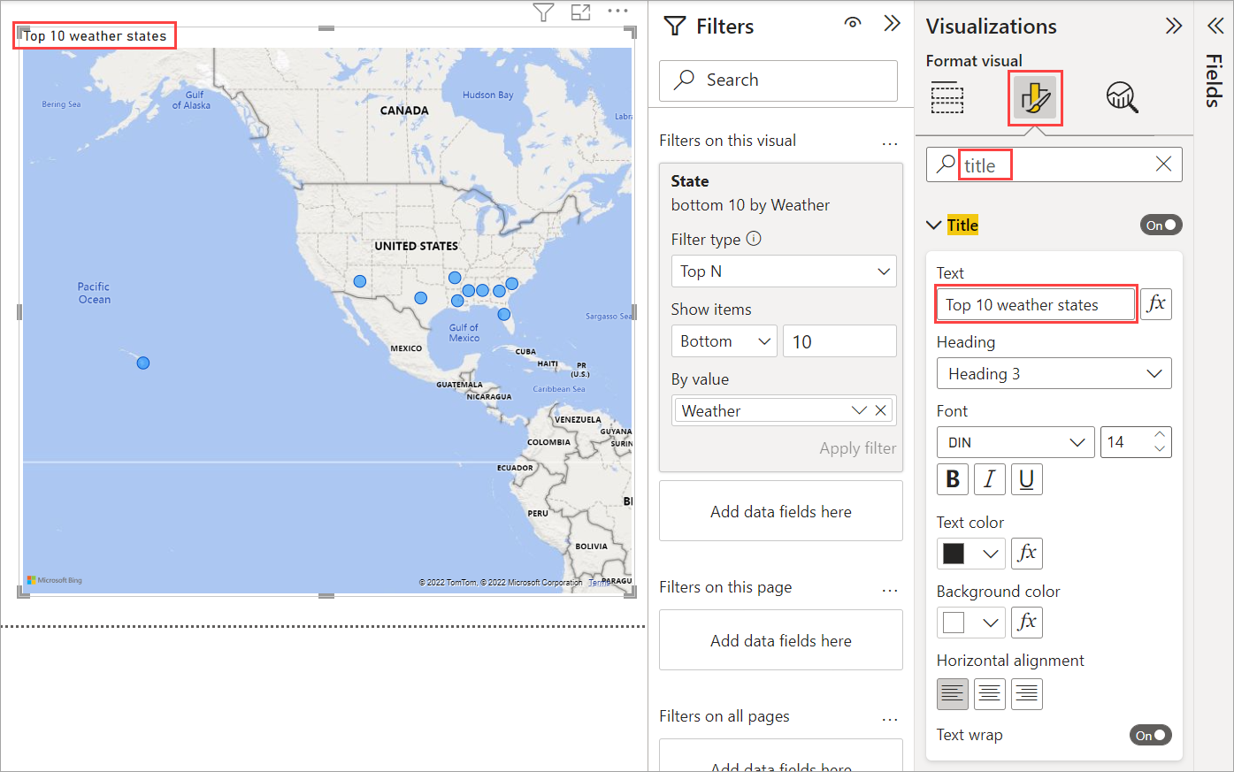 Screenshot di Power BI Desktop che mostra il campo Testo titolo nel riquadro Visualizzazione.