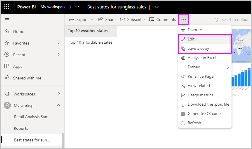 Screenshot di Power BI Desktop che mostra l'opzione Modifica.