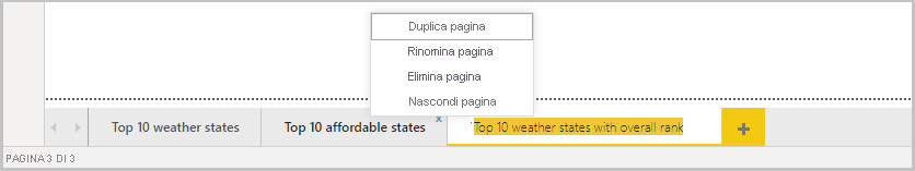 Screenshot di Power BI Desktop che mostra la barra delle pagine.