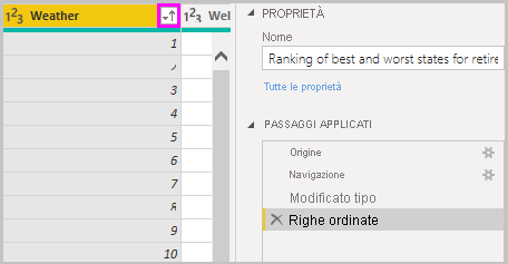 Screenshot di Power BI Desktop che mostra il passaggio Righe ordinate nel riquadro Passaggi applicati.