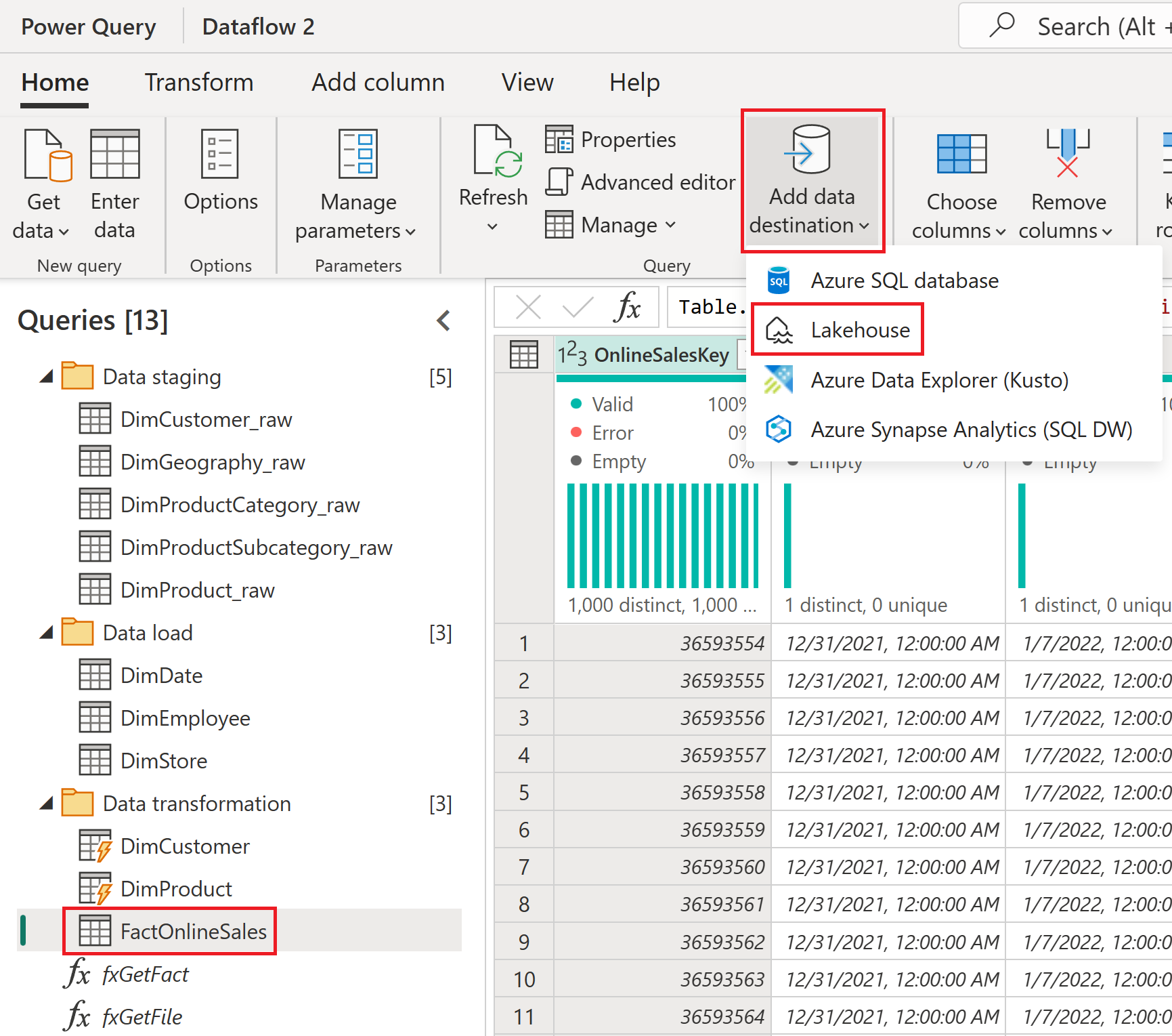 Screenshot dell'opzione di destinazione Data destination Lakehouse.