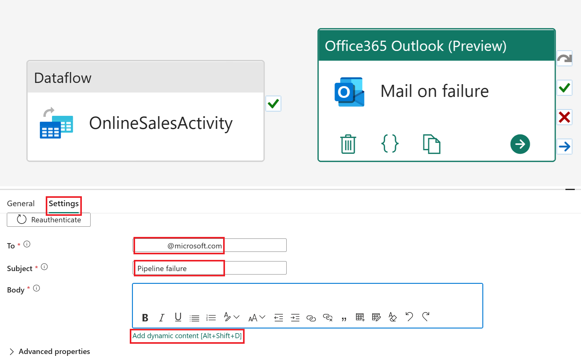 Screenshot delle impostazioni di Office365 Outlook.