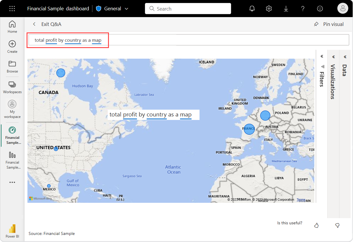 Screenshot della visualizzazione della mappa di D&R dei dati di Esempio finanziario per il profitto totale per paese e area geografica.