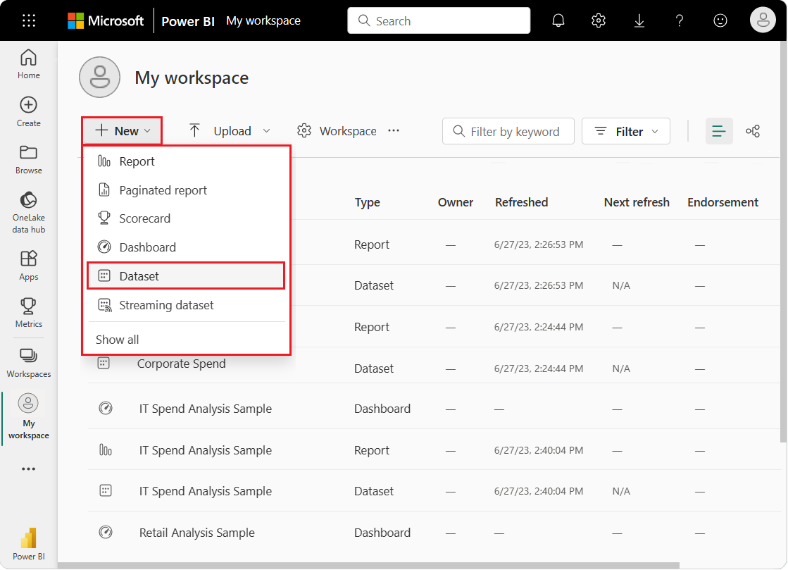 Screenshot che mostra come creare un nuovo modello semantico per avviare il processo di importazione.