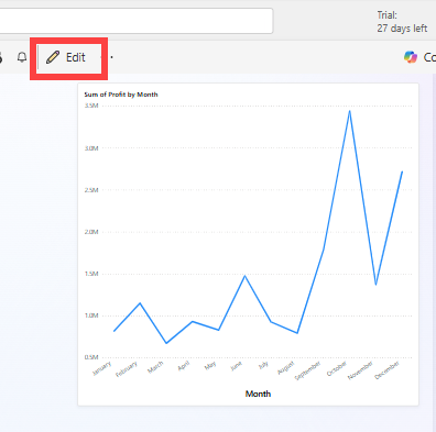 Screenshot che mostra una visualizzazione aperta nell'editor di report e l'opzione Modifica selezionata.