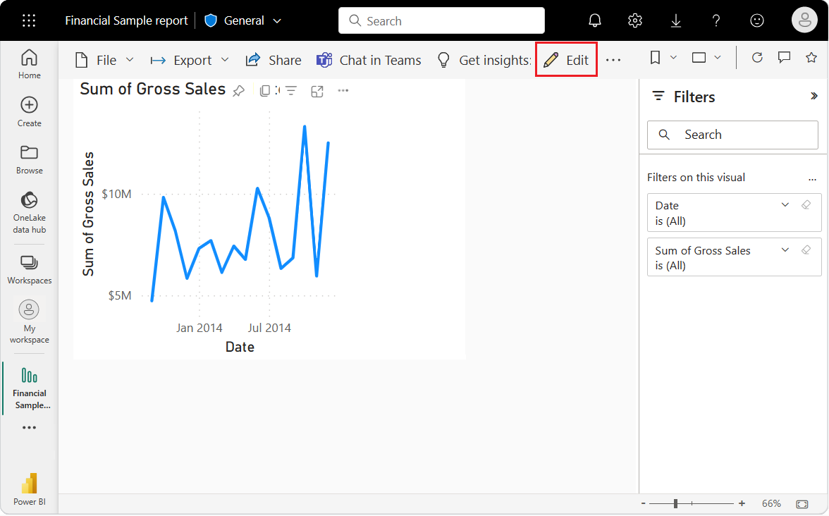 Screenshot che mostra una visualizzazione aperta nell'editor del report e l'opzione Modifica selezionata.