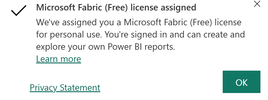 Screenshot della schermata che conferma la licenza di Fabric (gratuita) assegnata all'utente.