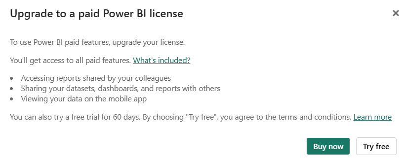 Screenshot che mostra la finestra di dialogo con il messaggio Eseguire l'aggiornamento a una licenza di Power BI a pagamento.