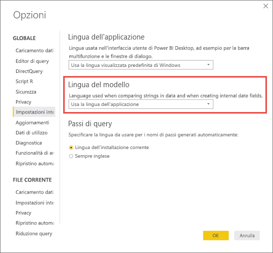 Screenshot di Power BI Desktop che mostra come impostare il linguaggio del modello.