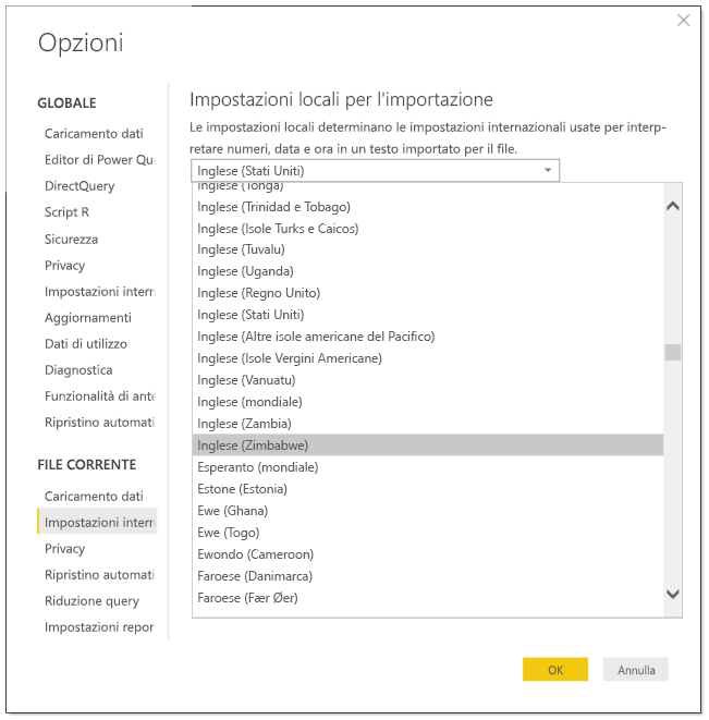 Screenshot di Power BI Desktop che mostra la finestra di dialogo Opzioni.