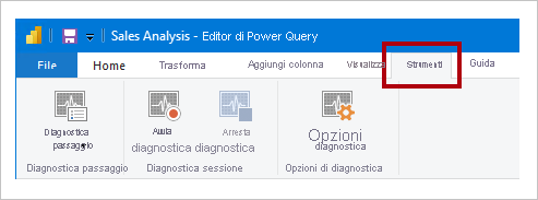 Screenshot della scheda della barra multifunzione Strumenti dell'editor di Power Query che mostra i comandi Diagnostica passaggio, Avvia diagnostica e Arresta diagnostica.