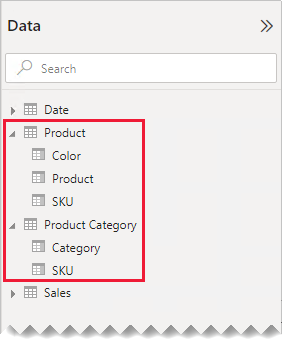 Il riquadro Dati mostra entrambe le tabelle espanse e le colonne sono elencate come campi con la categoria Product e Product evidenziata.