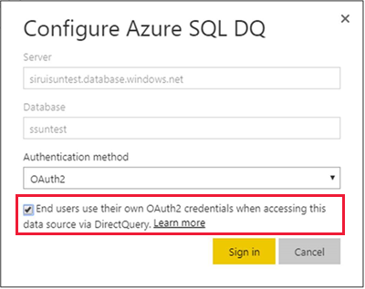 Finestra di dialogo Configura Azure SQL DirectQuery