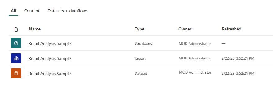 Screenshot che mostra dashboard, report e modello semantico per Retail Analysis Sample.