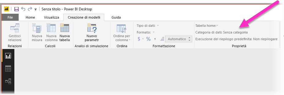 Screenshot che mostra il campo Categoria dati con l'opzione Uncategorized selezionata.